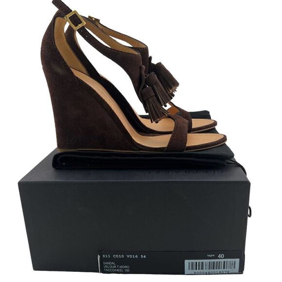 New DSQUARED2 Women US 10 Brown Suede High Heels Tassel T-Strap Wedge Sandals - Picture 6 of 17